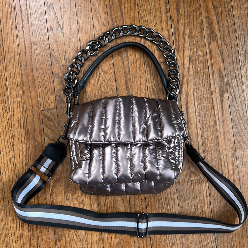 Think Royln Bar Slate Foil Pewter Silver Chain & black Strap & stripe cross body